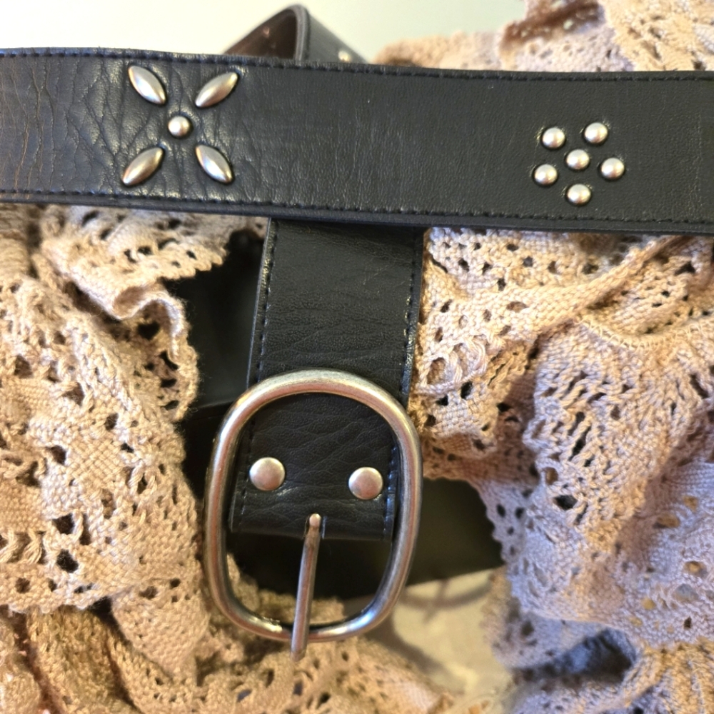 Handmade Brown Leather Belt. Studded Star and Flower Design, 44"